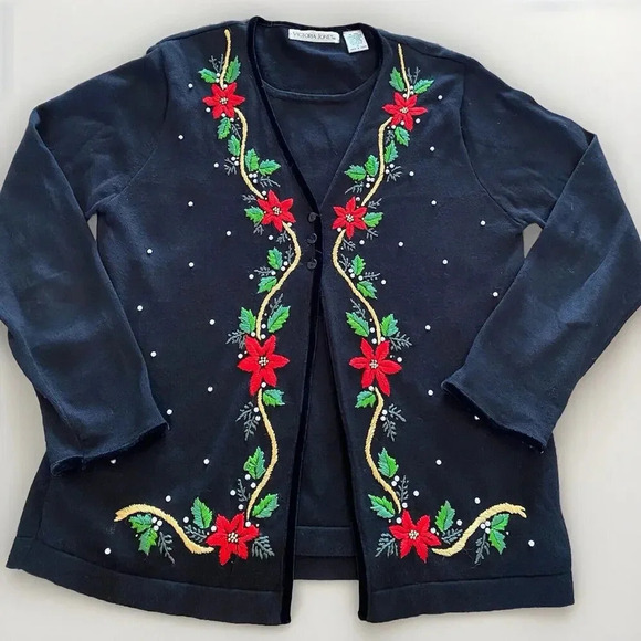 Vintage Victoria Jones Christmas Cardigan Sweater Embroidered Sequin Size Medium - Picture 1 of 10
